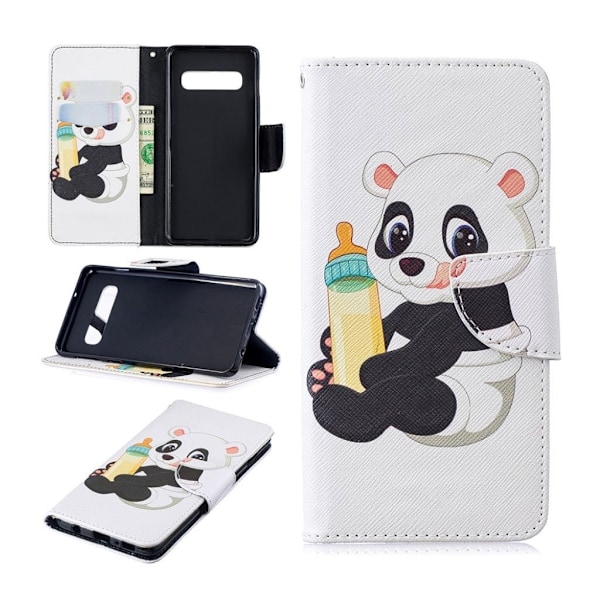 Samsung Galaxy S10 mønstret læder flip etui - Panda Holder Flaske Multicolor