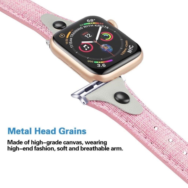 Apple Watch Series 5 / 4 44mm canvas urrem i ægte læder - Lyserød / Grå Pink