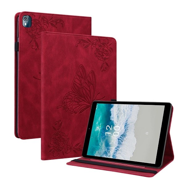Läderfodral med fjärilsblommönster för Nokia T10 (2022) - Röd Röd