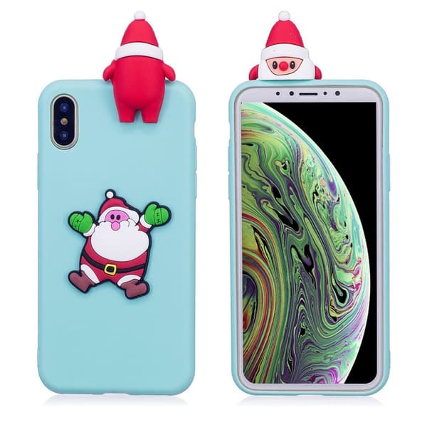 iPhone XS 3D-julemønsteretui - Cyan Baggrund Med Julemandd Multicolor