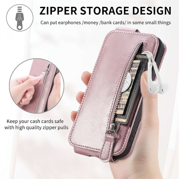 Vertical Flip Phone Suojakotelo With Zipper For iPhone 13 Mini - Ruusukulta Pink