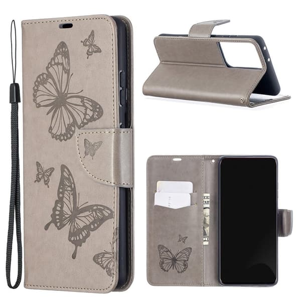 sommerfugl Samsung Galaxy S21 Ultra flip etui - grå Silver grey