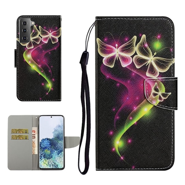 Wonderland Samsung Galaxy S21 Plus 5G flip kuoret - Kimalteleva Perhonen Multicolor