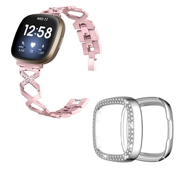 Fitbit Sense / Versa 3 X-formad med strassdekorerat klockarmband med silverfodral - Rosa Ros Rosa