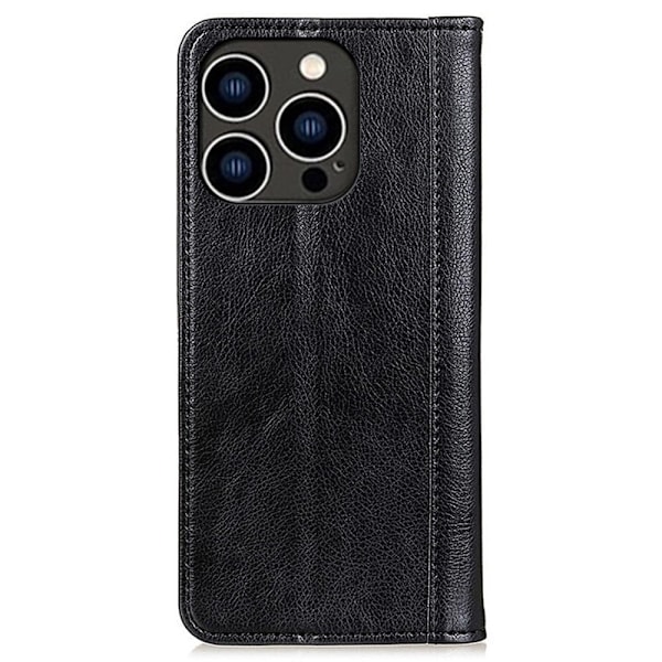 iPhone 14 Pro ægte læderetui med magnetisk lukning - Sort Black