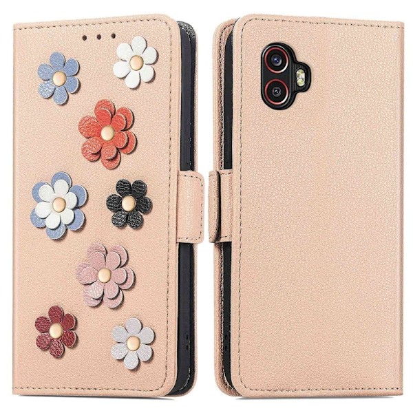 Pehmeä kukkakoristelu nahkakotelo Samsung Galaxy Xcover 6 Pro - Khaki Brown
