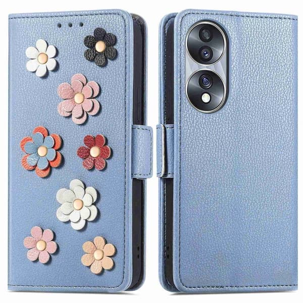 Skinnetui med myk blomsterdekor for Honor 70 - Blå Blue