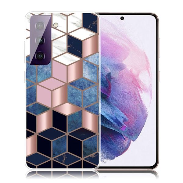 Marble Samsung Galaxy S21 FE Etui - Blå / Gull Terning Multicolor