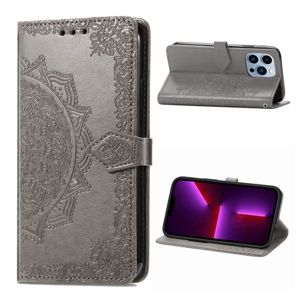 Mandala iPhone 13 Pro Flippetui - Grå Silver grey
