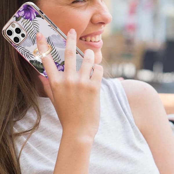 Marble Mønstret Deksel med Ring Holder til iPhone 12 Pro Max - Lilla Blomster Purple