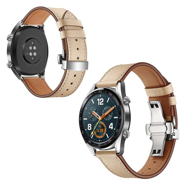 Huawei Watch GT / 2 / Watch Magic ægte læder Urrem - Abrikos/ Sølv Beige