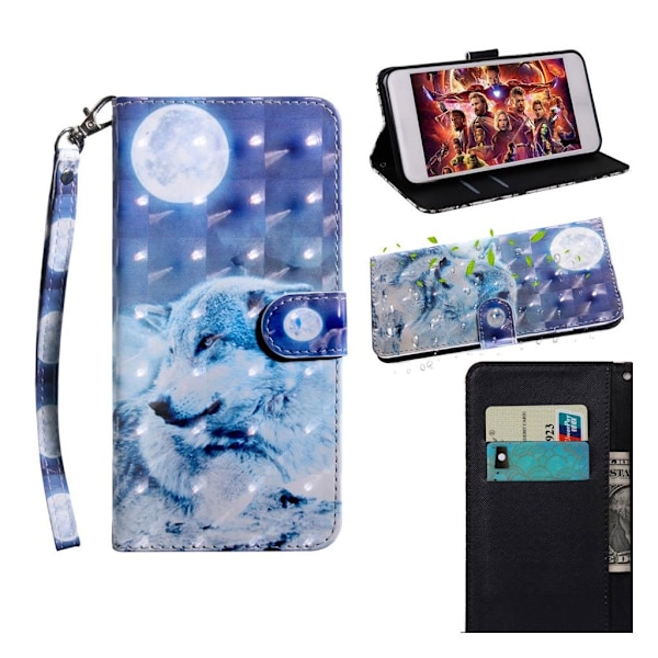Samsung Galaxy A70 lædercover med dekorationsmønster - ulv og måne Multicolor