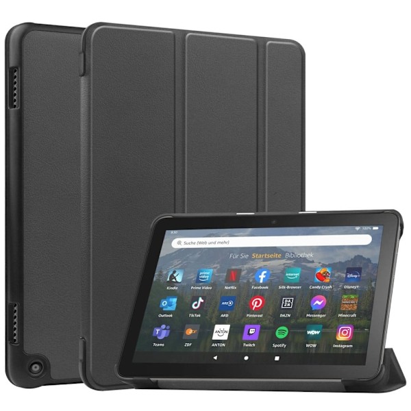 Tri-fold læder stativ taske til Amazon Fire 8 HD (2022) - Sort Black