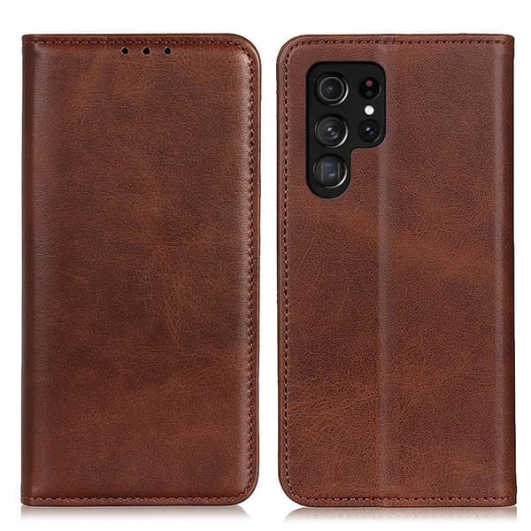 Flip Etui med Pung i ægte Læder til Samsung Galaxy S22 Ultra - Kaffe Brown