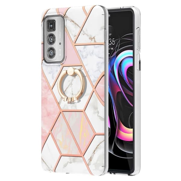 Marble Mønstret Deksel med Ring Holder til Motorola Edge 20 Pro - Rosa / Hvit Pink