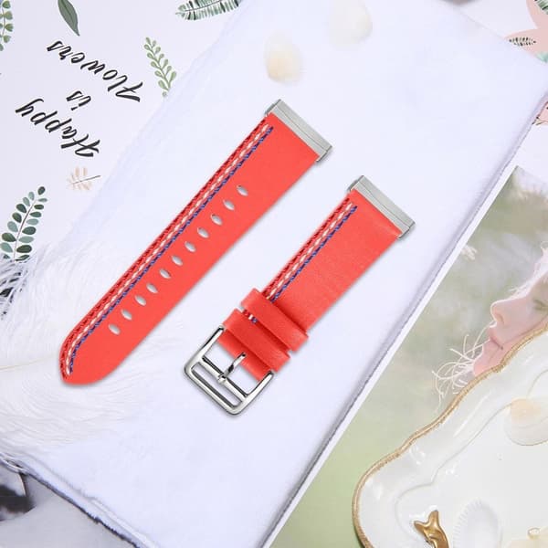 Fitbit Sense / Versa 3 three sewn line genuine leather watch strap - Coral Röd