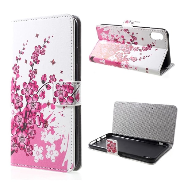 iPhone Xs Max læder flip cover med mønsterprint - Plum Blossom Purple