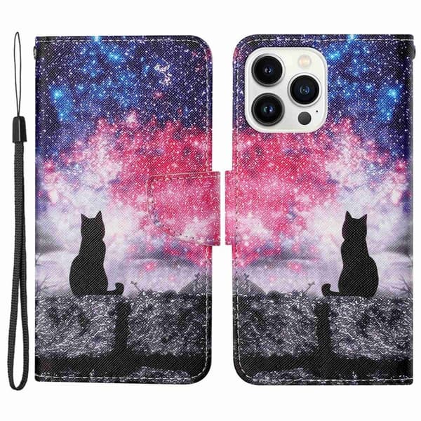 Wonderland iPhone 14 Pro Max Läppäkotelo - Starry Sky / Kissa Multicolor