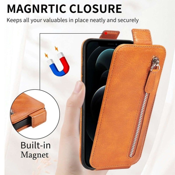 Lodret iPhone 12 Pro Max flip etui med lynlås - Brun Brown