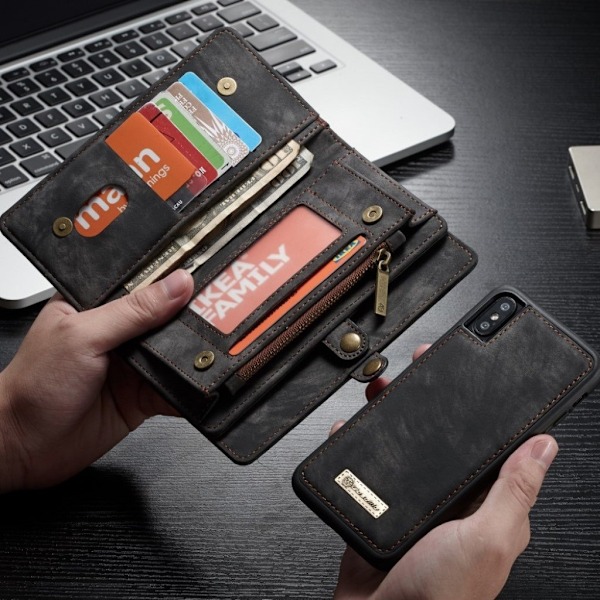 iPhone XS CASEME 2in1 haljais nahkainen lompakko suojakotelo missä useat kortti paikat ja kolikko tasku - Musta Black