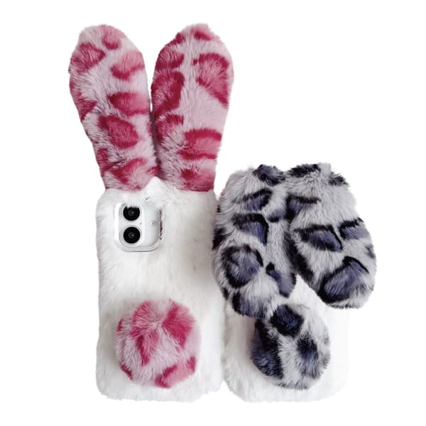 iPhone 16 Plus Etui Fluffy Leopard Splicing Bunny Plys Fleksibelt telefon cover - Lyserød Pink