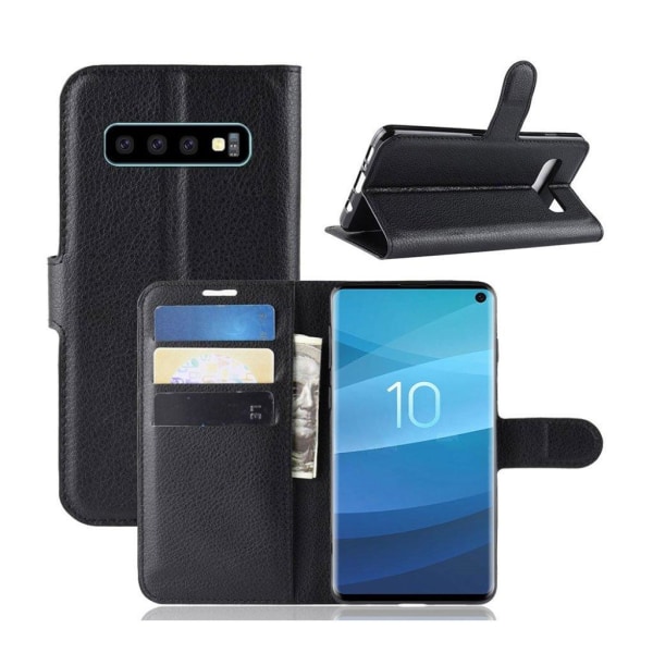 Samsung Galaxy S10 litchi skin læder flip etui - Sort Black