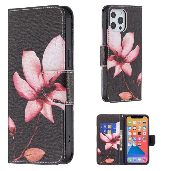 Vegansk læderpung med mønsterudskrivning Standfunktion Magnetisk Flip Cover iPhone 13 Pro 6,1 tommer - Lotus Black