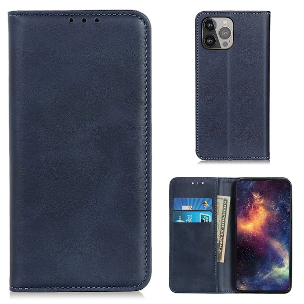 iPhone 13 Pro Max flip etui i ægte læder med pung – Blå Blue