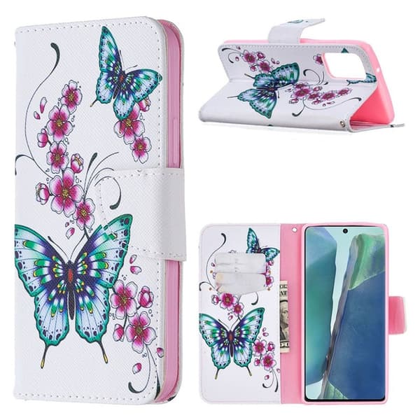 Wonderland Samsung Galaxy Note 20 Flip Etui - Sommerfugl og Blomst Multicolor