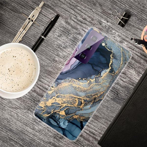 Marble Samsung Galaxy S21 FE Etui - Blue på Golden Splash Marmorkugle Multicolor
