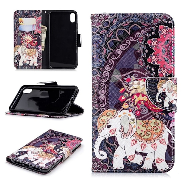 iPhone Xs Max læder flip cover med mønsterprint - Elefant Og Påfugl Multicolor