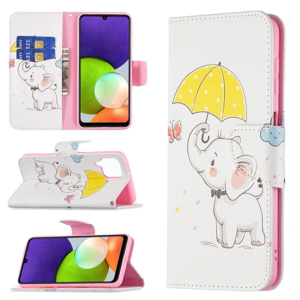 Wonderland Samsung Galaxy A22 4G Flippetui - Paraply og Elefant Multicolor