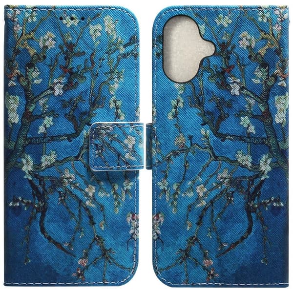 iPhone 16 Etui med pung Pattern Print Leather Phone Cover - Abrikosfarvede Blomster Blue