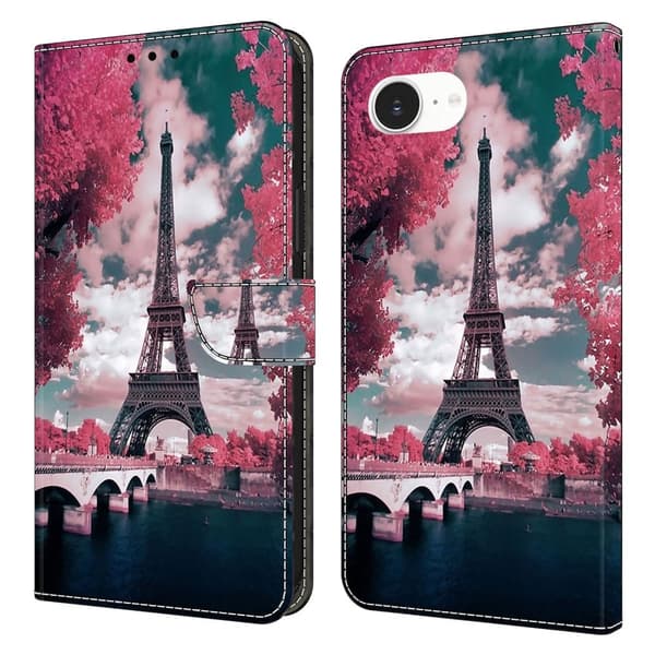 iPhone 16e Plånboksfodral Mönster Tryck Stativ Läder Flip Phone Cover - Eiffeltornet Rosa