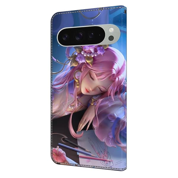 Google Pixel 9 Pro XL plånboksfodral mönstrat tryck stativ läder flip telefonskal - Törnrosa Rosa