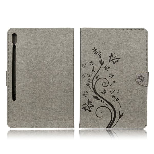 Samsung Galaxy Tab S6 Imprint Butterfly Flower Lær Etui - Grå Silver grey