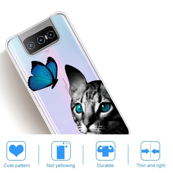 Deco Asus Zenfone 7 Pro Etui - Katt og Sommerfugl Black