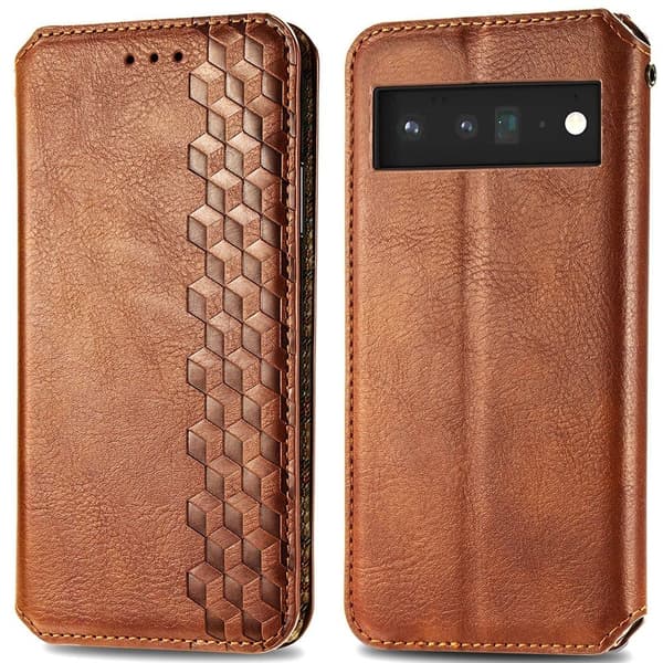 Læder Etui med A Stilfuldt Rhombus Tryk til Google Pixel 6 Pro - Brun Brown