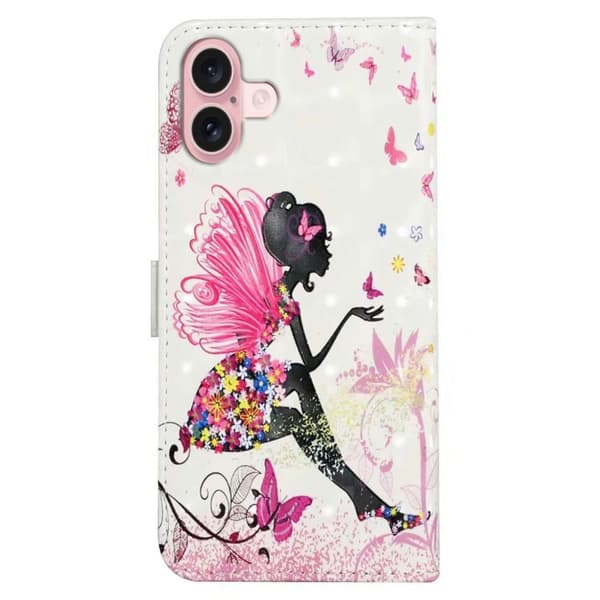 iPhone 16 Etui 3D Creative Pattern Vegansk Læder Stand Phone Cover - Pige Pink
