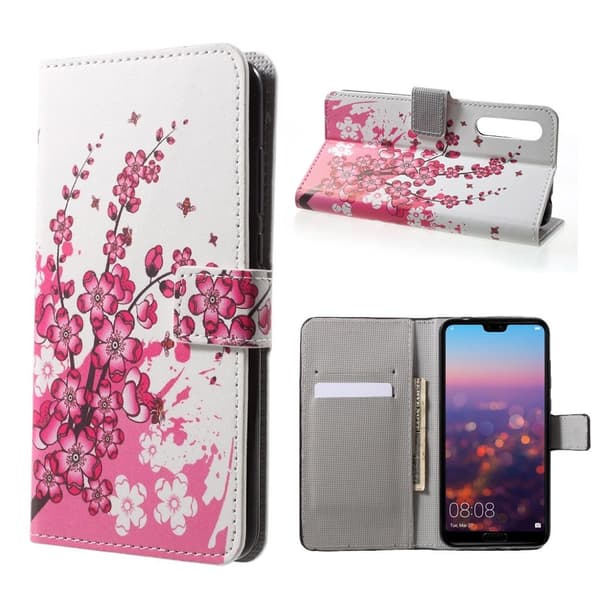 Huawei P20 Etui laget av kunstlær og silikon – Plomme blomst Multicolor