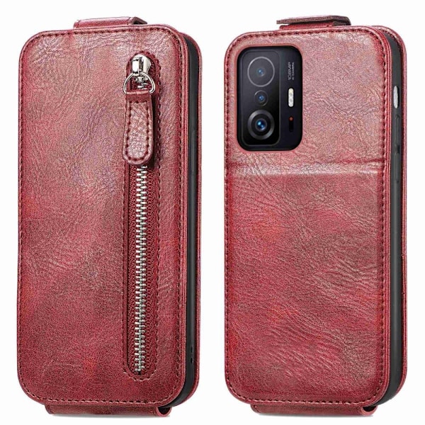 Vertical Flip Phone Etui med Zipper til Xiaomi 11T / 11T Pro - Rød Red