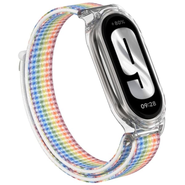 Xiaomi Mi Band 9 / Smart Band 8 Klockarmband Nylon Loop Handledsrem med Stöttålig Watch Case - Regnbåge multifärg