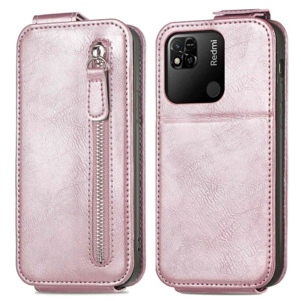 Vertical Flip Phone Etui med Zipper til Xiaomi Redmi 10A - Rødguld Pink