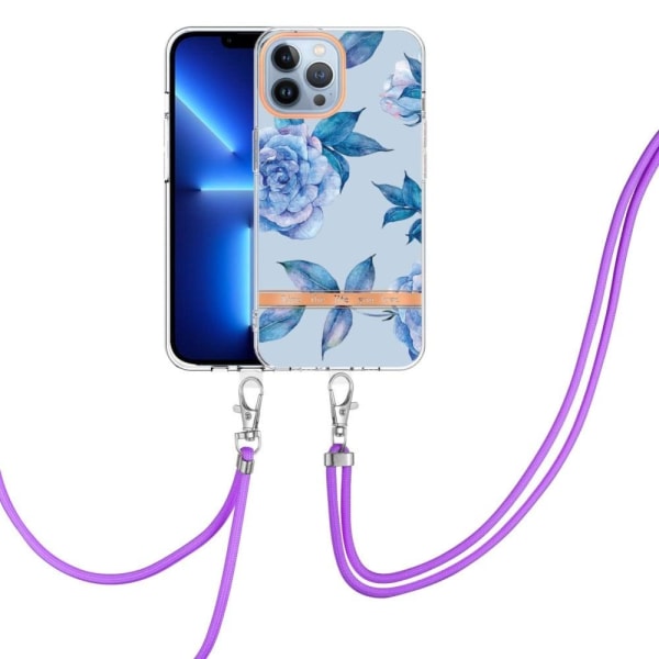 Slim And Durable Softcover With Lanyard For iPhone 14 Pro - Hc003 Sininen Peony Blue