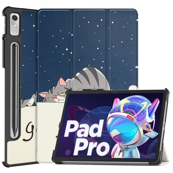 Lenovo Pad Pro 2022 läderfodral med trefaldigt mönster - Katt Blå