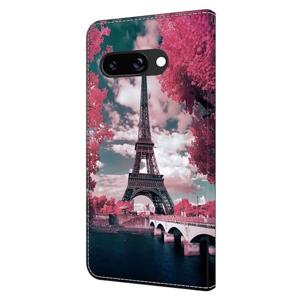 Google Pixel 9a Plånboksfodral Mönster Tryck Stativ Läder Flip Telefonskal - Eiffeltornet Rosa
