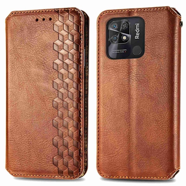 Läder Xiaomi Redmi 10C fodral med romb-design - Brun Brun