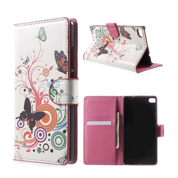 Moberg Huawei Ascend P8 Læder Etui Med Kortholder - Sommerfugl Og Cirkler Multicolor