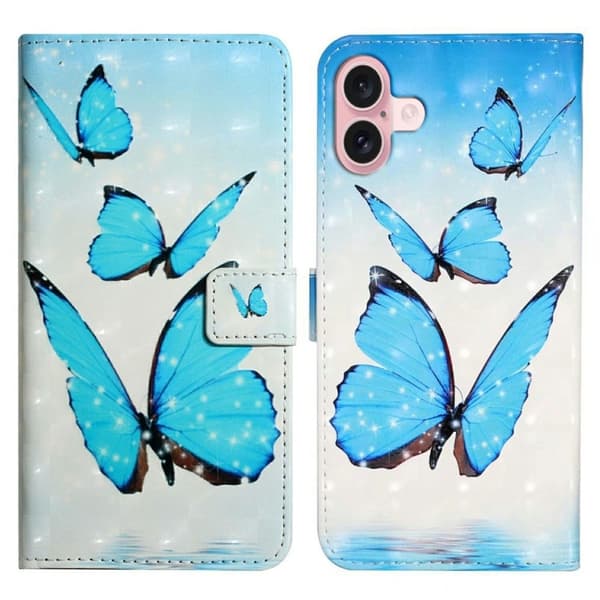 iPhone 16 Etui 3D Creative Pattern Vegansk Læder Stand Phone Cover - Tre Sommerfugle Blue