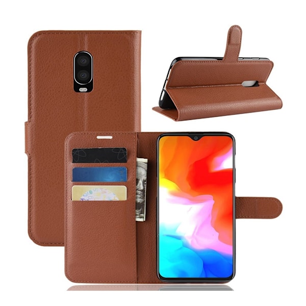 OnePlus 6T liitsihedelmä pintainen synteetti nahkainen lompakko suojakotelo - Ruskea Brown